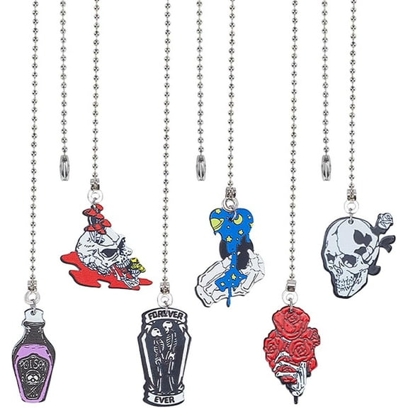 1Set 6 Style Skull Halloween Ceiling Fan Pull Chain Extender Spooky Charm Pendant Decorative 12.6 Inch Extension Connector Ball Bead Cord Replacement Hanging Ornaments for Lighting Lamp Decor