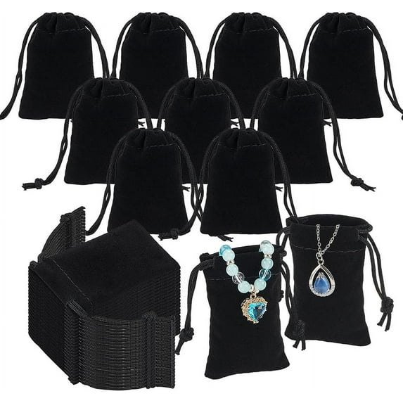 1Set 60 Pcs Velvet Drawstring Bags 2.76x1.97 Inch Rectangle Drawstring Jewelry Pouches Gift Packaging Bags for Christmas Wedding Birthday Party Favors Black