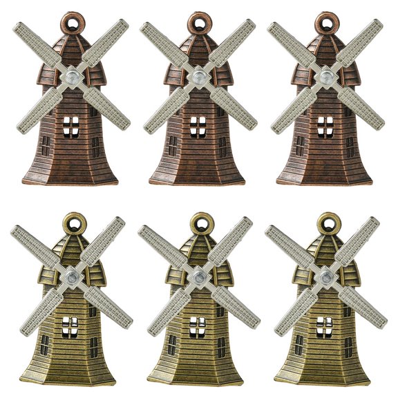 1Set 6Pcs 2 Colors Tibetan Style Alloy Pendants Houses and windmillsl Cadmium Free & Lead Free Bronze & Red Copper 43x28x12.5mm Hole: 2mm 3pcs/color