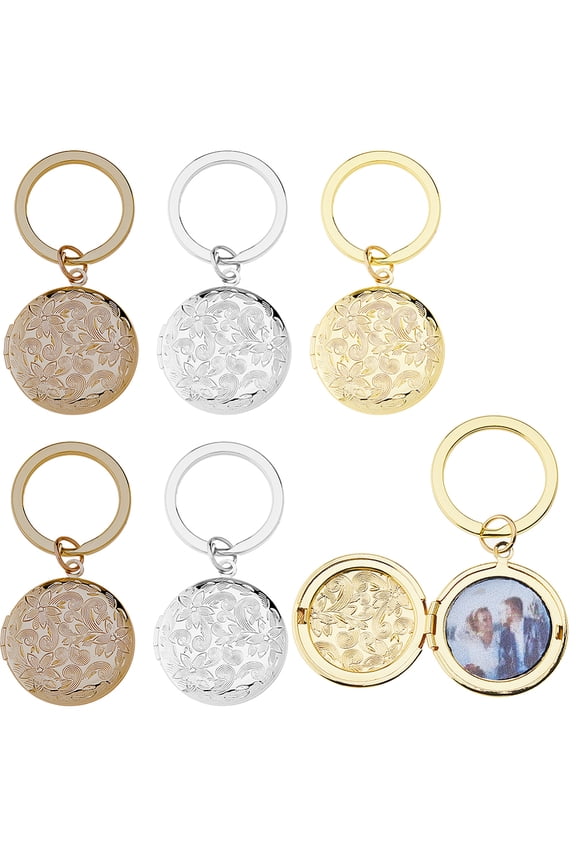 1Set 6Pcs 3 Styles Brass Locket Pendants Keychain with Alloy Rings Flat Round with Flower Platinum & Golden 60mm 2pcs/style