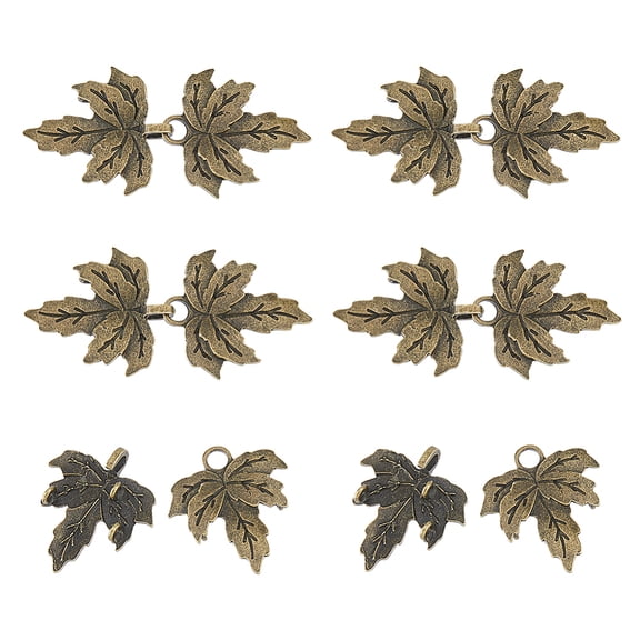 1Set 6Pcs Alloy Hook Buttons Shawls and Capes Buckle for Garment Accessories Leaf Bronze 66x31x1~7mm