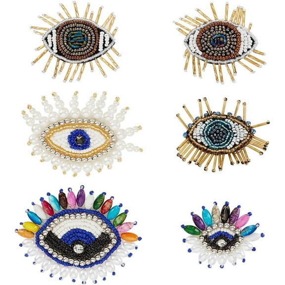 1Set 6Pcs Eye Beaded Patches for Clothes Rhinestone Evil Eye Patch Sew On Patches Evil Eye Handicraft Beading Embroidered Applique for Bags Clothes Jacket Hats