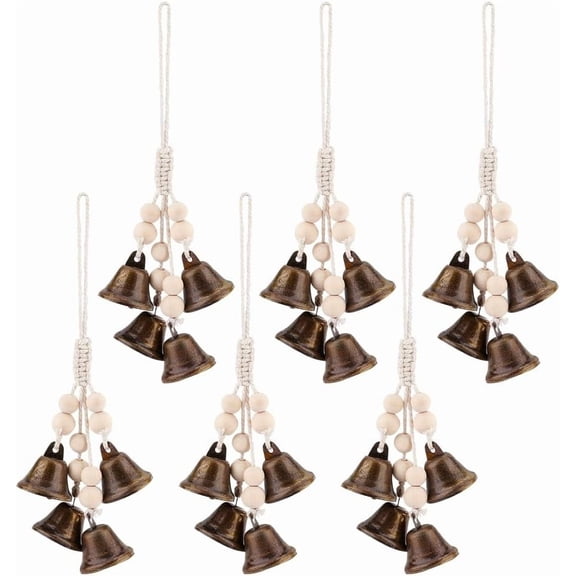 1Set 6Pcs Iron Witch Bells Protection for Door Knob Hanger Wind Chimes with Cotton Cord and Wood Beads for Boho Home Room Decor Antique Bronze 247mm