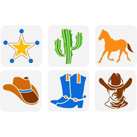 1Set 6Pcs Western Cowboy Stencil 5.9x5.9 inch Cowboy Theme Drawing Painting Stencils Plastic Star Cactus Horse Hat Boot Pattern Stencil Template Reusable Stencils for Wood Wall Home Decor