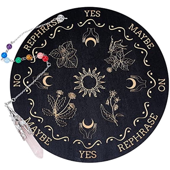 1Set 7.8" Witch Pendulum Board Wooden Dowsing Planchette with Rose Quartz Crystal Dowsing Pendulums Witchcraft Divination Tools for Spirit Altar Decoration - Sun Moon Hand Plants