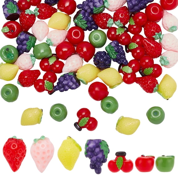 1Set 70Pcs 7 Styles Opaque Resin Decoden Cabochons Imitation Fruit Cherry & Strawberry Mixed Color 11~19x12~18x9~12.5mm 10pc/style