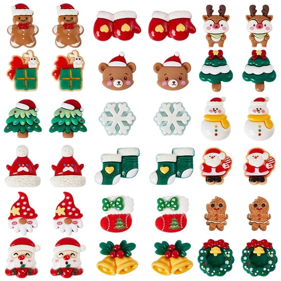 1Set 72Pcs 18 Styles Christmas Resin Decoden Cabochons Mixed Color Mixed Shapes 12.5~27.5x11~28.5x4.5~10.5mm 4pcs/style