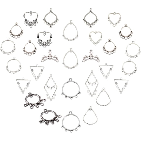 1Set 72pcs 12 Styles Chandelier Connector Charms Component Links Alloy Hollow Filigree Pendants Flat Round Teardrop Triangle Shape for Jewelry Making Earring Supplies Antique