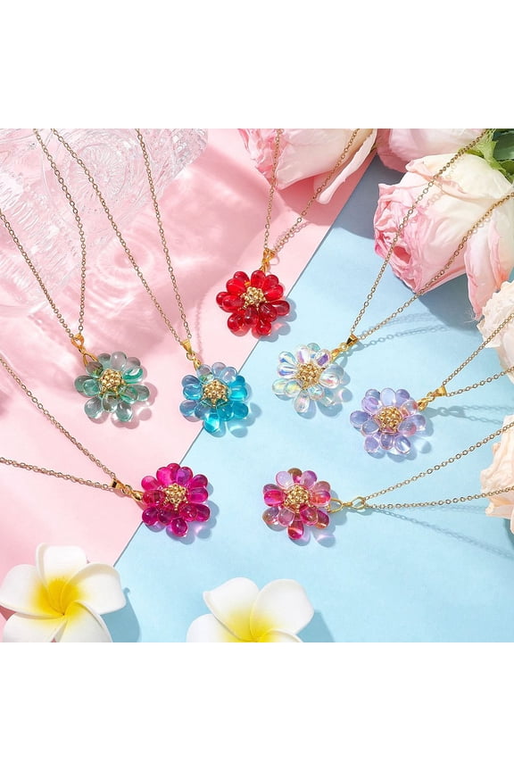 1Set 7Pcs 7 Colors Flower Handmade Glass Seed Beaded Pendant Necklaces 304 Stainless Steel Cable Chain Jewelry for Women Golden Mixed Color 13.86 inch(35.2cm) 1pc/style