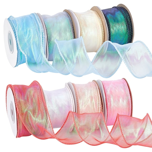 1Set 8 Rolls 8 Colors Rainbow Iridescent Laser Polyester Ribbon Ruffled Lace Ribbon Mixed Color 3.1~3.8cm 9m/roll; 1 roll/color