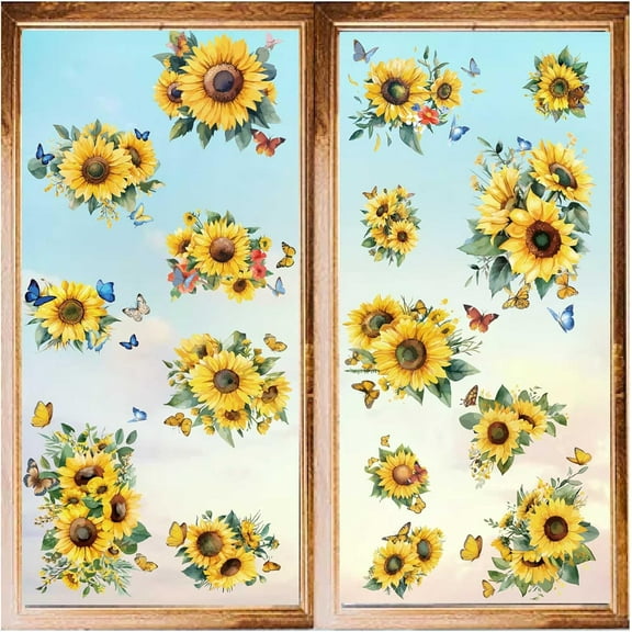 1Set 8 Sheets Sunflower Green Leaves Window Stickers Self Adhesive Colorful Butterfly Spring Clings Wall Decals Peel and Stick PVC Waterproof Decor for Bedroom Nursery Living Room Bath Dorm