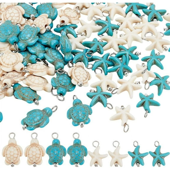 1Set 80Pcs 4 Styles Synthetic Turquoise Dyed Pendants Sea Turtle & Starfish Charms with 304 Stainless Stell Loops Stainless Steel Color 17~22mm Hole: 3~3.5mm 20pcs/style