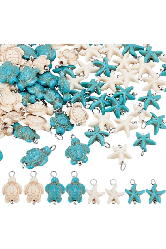 1Set 80Pcs 4 Styles Synthetic Turquoise Dyed Pendants Sea Turtle & Starfish Charms with 304 Stainless Stell Loops Stainless Steel Color 17~22mm Hole: 3~3.5mm 20pcs/style