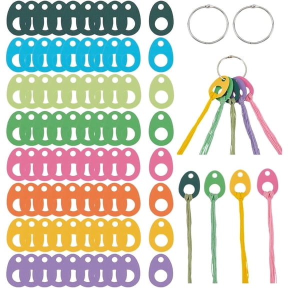 1Set 80Pcs 8 Colors Paper Thread Drops 1.97x1.4Inch Teardrop Floss Bobbin Drops Cross Stitch Thread Organization with Iron Floss Ring for Craft DIY Sewing Storage