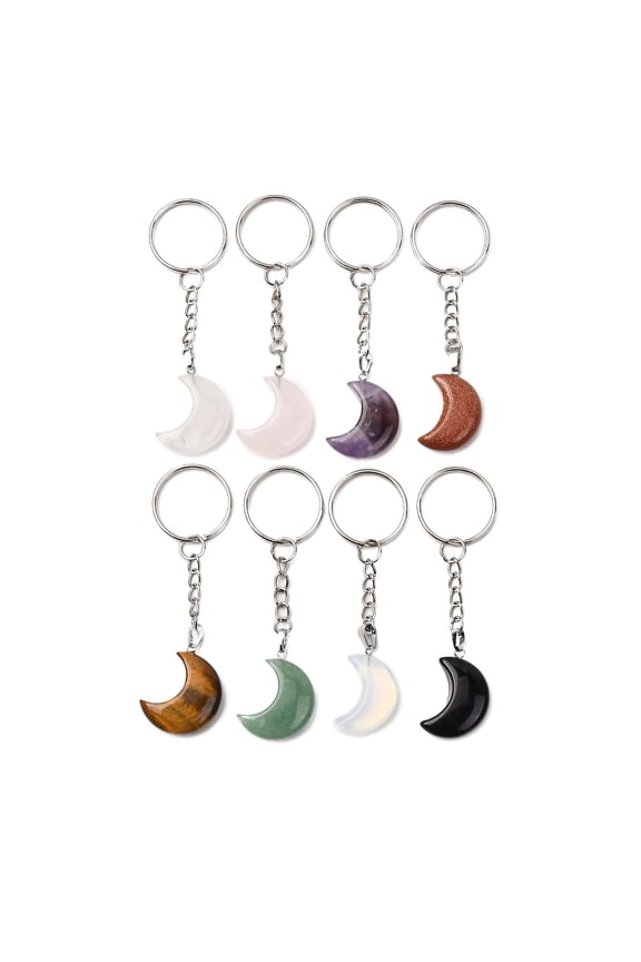 1Set 8Pcs 8 Styles Moon Gemstone Keychains with Iron Split Key Rings 8.7cm 1pc/style