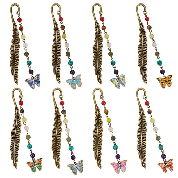 1Set 8Pcs 8 Styles Tibetan Style Alloy Hook Bookmarks, Butterfly Alloy Enamel and Chakra Gemstone Pendant Bookmarks, Mixed Color, 208mm, 1pc/style