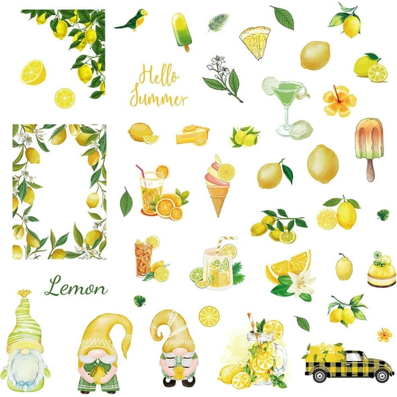 1Set 8Styles Summer Lemon Gnome Wall Stickers Decals Ice-Cream PVC Window Waterproof Self Adhesive Vinyl Cling Peel and Stick for Dorm Bedroom Living Room Store Nursery Wall Decorations Party