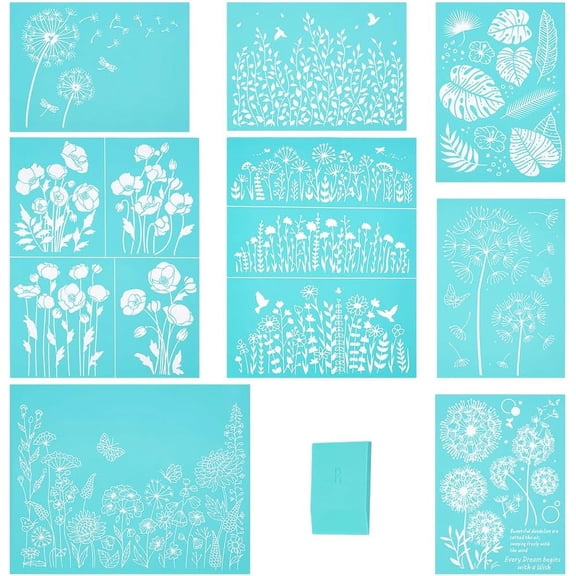 1Set 8pcs Self-Adhesive Silk Screen Printing Stencil Dandelion Wildflower Silk Screen Stencil Tropical Leaves Stencils Bird Reusable Mesh Transfer with 1pc Scraper for Painting on Wood DIY T-Shirt