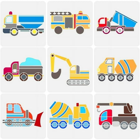 1Set 9 Pcs Cartoon Cars Stencil 7.9x7.9" PET Geometric Car Painting Stencils Engineering Vehicle Stencils Trucks Tractors Excavator Stencils Tourist Vehicle Passenger Vehicle DIY Templates