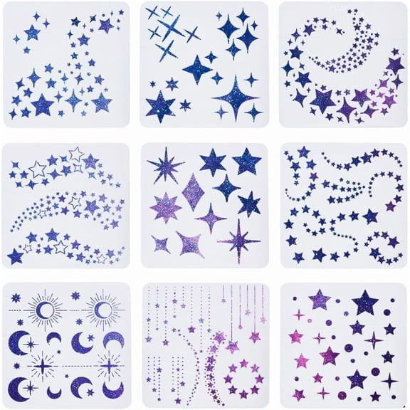 1Set 9 Styles Star Moon PVC Plastic Hollow Out Drawing Painting Stencils Templates Clear 300x300x0.2mm 9pcs/set