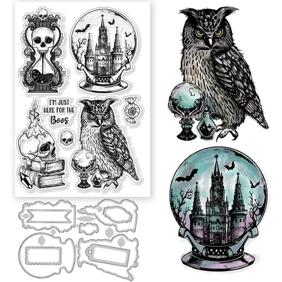 1Set 9PCS Halloween Magic Theme Crystal Ball Owl Candles Cutting Dies with 7PCS Magic Crystal Ball Owl Candles Clear Stamps for DIY Scrapbooking Photo Album Embossing Paper Card