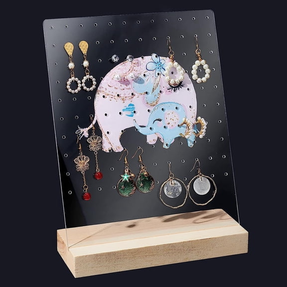 1Set Acrylic Display Stands with Wood Pedestal for Earring Display Rectangle with Elephant Pattern Clear 20x8x26.5cm