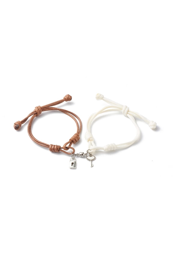 1Set Adjustable Korean Waxed Polyester Cord Bracelets with Tibetan Style Alloy Pendants and Round Brass Magnetic Clasps Padlock & Skeleton Key