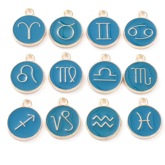 1Set Alloy Enamel Pendants Flat Round with Constellation Dark Cyan 15x12x2mm Hole: 1.5mm 12pcs/set