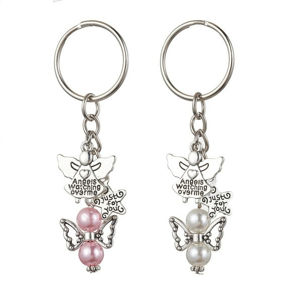 1Set Angel Acrylic & Alloy Pendant Keychain with Iron Split Key Rings Platinum 7.7cm 2pcs/set