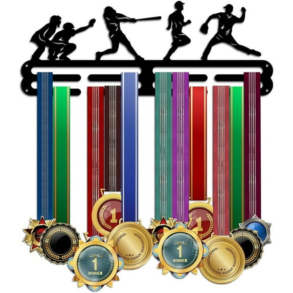 1Set Baseball Themed Medal Hanging Display Sports Medal Ribbon Rack Wall Mounted Tiered Medal Rack Sturdy Metal Can Hang Up to 50 Medals Easy to Install