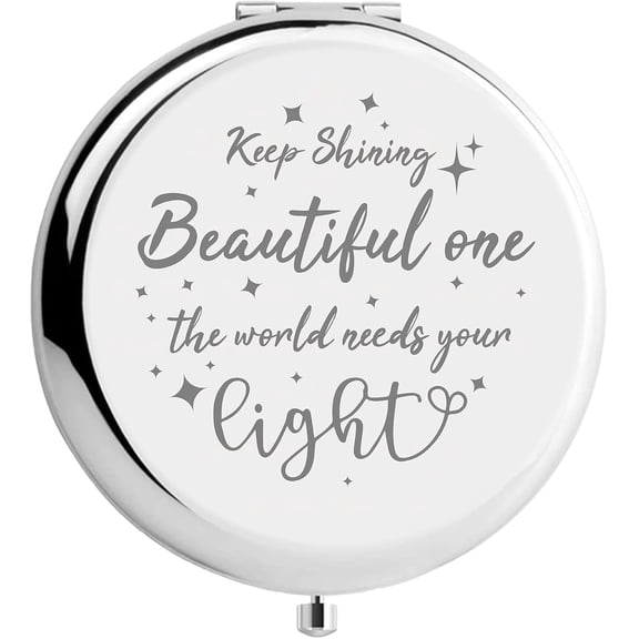 1Set Beautiful Compact Mirror Keep Shining Stainless Steel Encouraging Personalized Mini Makeup Pocket Travel Engraved Mirrors Silver for Graduation New Year Gifts