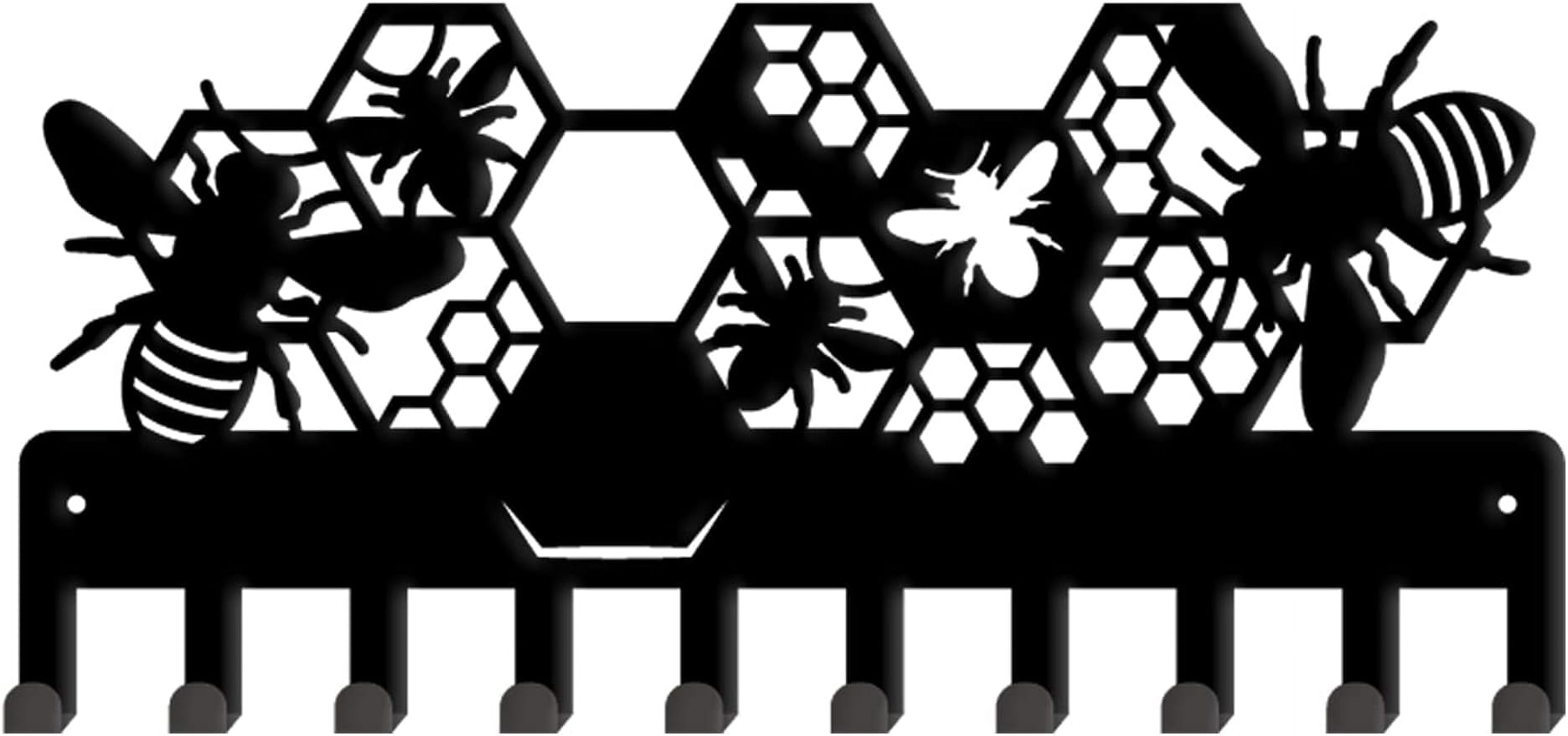 1Set Black Metal Key Holder 10 Hooks Hive and Bees Pattern Wall Mounted ...