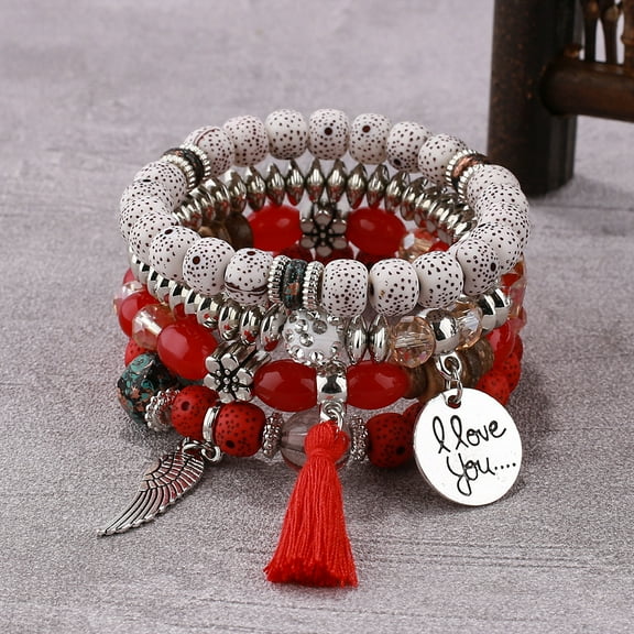 1Set Boho Style Wood Beaded Stretch Bracelet Sets for Women with Acrylic and Alloy Finding Red No Size