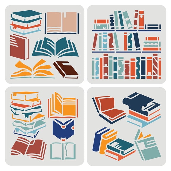 1Set Book Stencils for Painting 15x15cm Plastic PET Collection Books Stencil Templates Reusable Stacked Standing Book Drawing Stencil