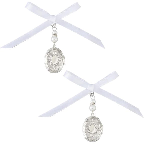 1Set Brass Locket Pendants with Plastic Beads and Satin Ribbon Platinum 70mm 2pcs/set