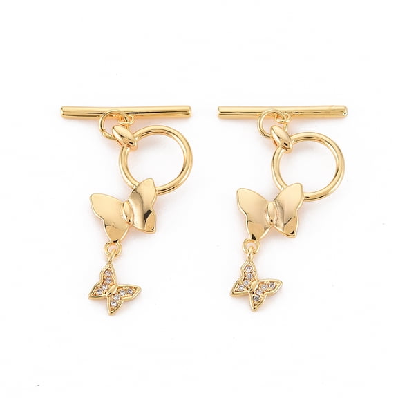 1Set Brass Micro Pave Clear Cubic Zirconia Toggle Clasps Nickel Free Butterfly & Bar Real 18K Gold Plated Butterfly: 23.5x14.5x3.5mm Bar: 21x4x2mm Hole: 1.5mm~1.8mm