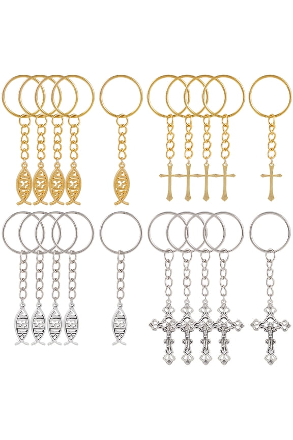 1Set Brass Style Alloy Keychain with Iron Split Key Rings Fish Charms Silver Golden 7.4cm 20pcs/set