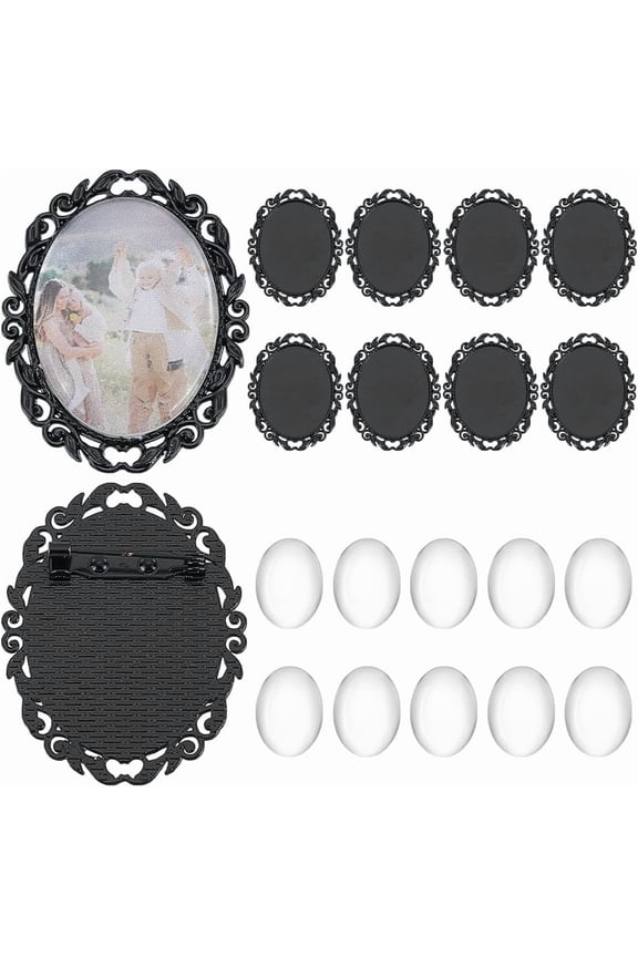 1Set Brooch Making Kits including Zinc Alloy Brooch Cabochons Settings Glass Cabochons Black Tray: 39.5x30mm 51x40mm 10pcs