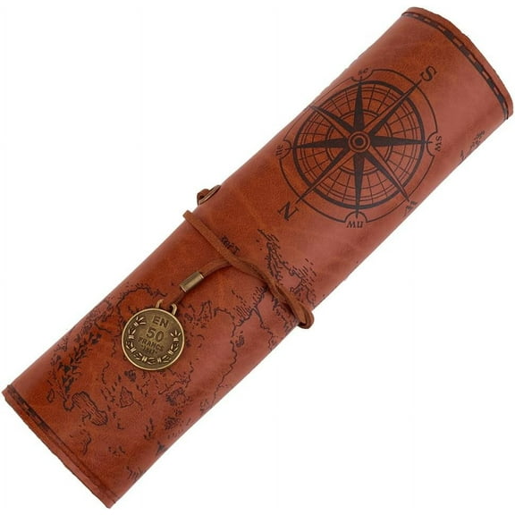 1Set Canvas PU Leather Pencil Bag Strap Vintage Treasure Map Compass Pattern Pen Case Holder Cover Rollup Retro Pen Bag Wrap Roll up Portable Stationery Pouch with Alloy Charming Sandy Brown