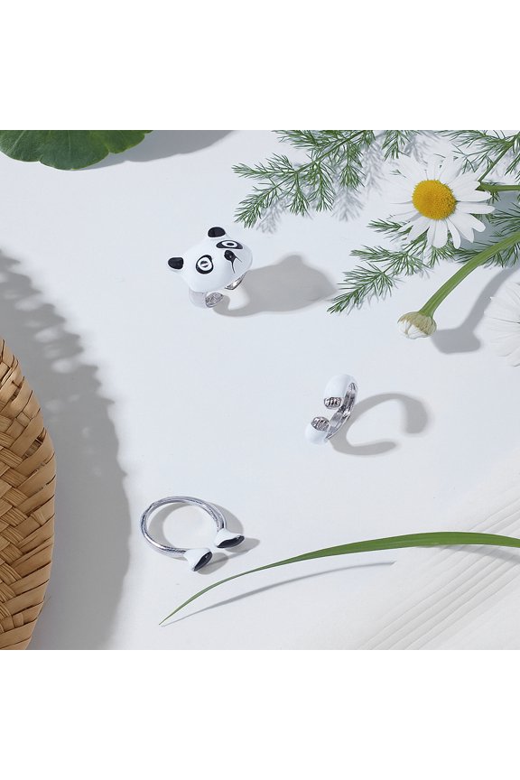 1Set Cartoon Alloy Adjustable Cuff Rings Sets Panda Inner Diameter: 15-20mm