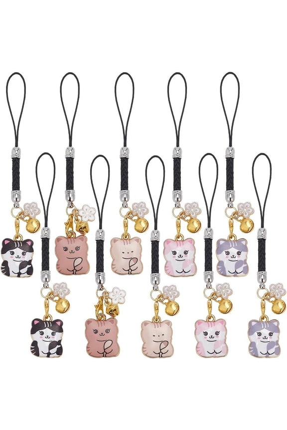 1Set Cat & Flower Alloy Enamel Pendant Decoraions Nylon Cord Hanging Ornaments Mixed Color 100mm 5 colors 2pcs/color 10pcs/set