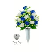 1Set Cemetery Memorial Artificial Flower Rose Bouquet with Vase Sympathy Fake Floral Grave Funeral Decor Dark Blue