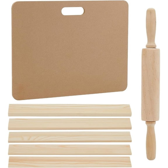 1Set Ceramic Making Tools with 1Set Mud Roller Guide 1Pc Wooden Rolling Pin 1Pc Rectangle MDF Wood Boards Mixed Color 340x20x3mm