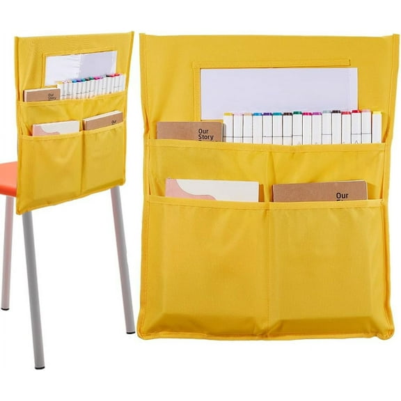 1Set Chair Buddy Storage Pocket 19x16.5inch Chair Back Organizer Chart Yellow with Name Tag Label Slot Students Seat Chairback Multiple Pockets for School Home Classroom Preschool Daycare Supplies