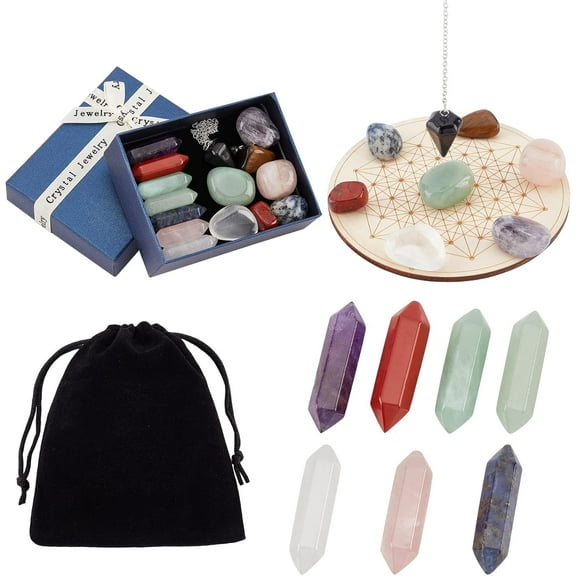 1Set Chakra Crystals and Healing Stones Kit Include 14Pcs Chakra Set Tumbled Stones Chakra Pendulum Wooden Geometry Grid Plate and Portable Bag for Meditation Chakra Balancing Ornaments Display