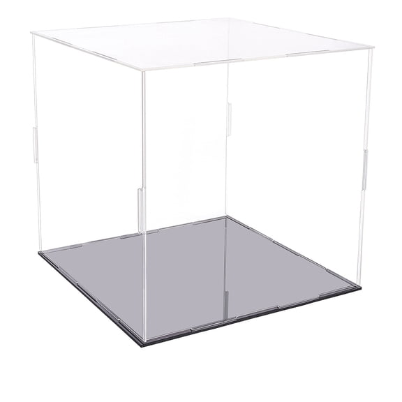 1Set Clear Acrylic Display Case with Black Base & 4 Pcs Rubber Rings 26x26x25cm Cube Clear Self-Assembly Acrylic Box Dustproof Protection Showcase for Action Figures Collectibles Toys