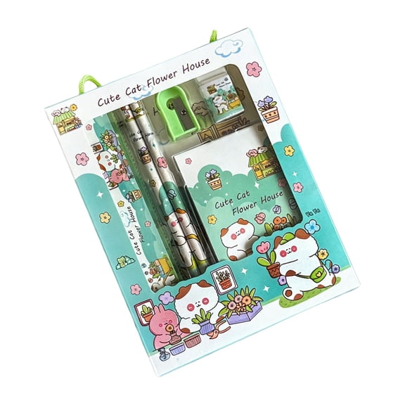 1Set Clearance Sale! PVC Stationery Gift Set, Includes Ruler, Pencils, Sharpener, Eraser, Notebook, (18*14cm, Mint Green)