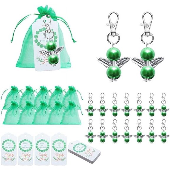 1Set Cute Keychains, Keychain Kit, Creative Keychain Favors Set with 20 Angel Artificial Pearl Keychains, 20 Green Organza Gift Bags and 20 "Thank You" Label for Party Favors