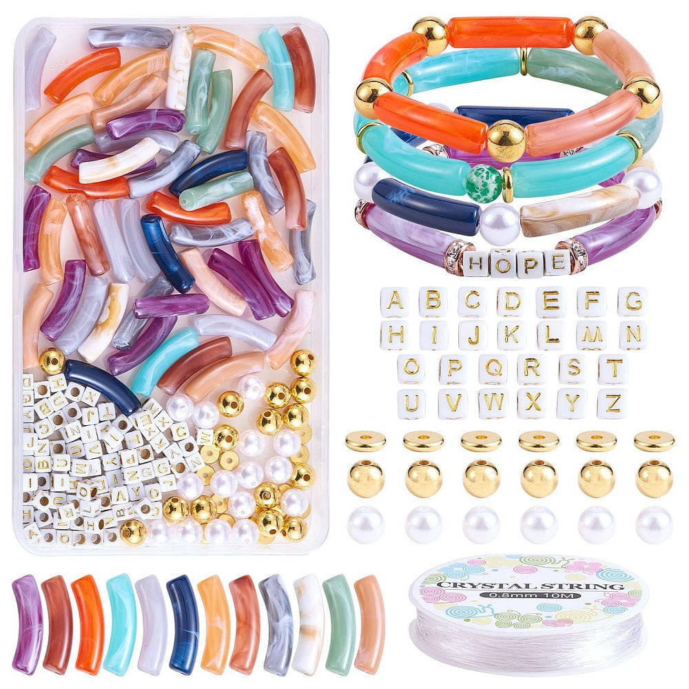 150 Pcs Acrylic Tube Beads For Bracelet Making - Chunky Curved Bamboo Shape, With Elastic String, DIY Jewelry Kit For Beginners