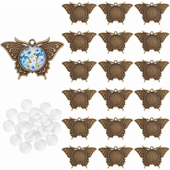 1Set DIY Dome Alloy Butterfly Pendant Jewelry Making Kits Antique Bronze 19.5~33x19.5~49x3~5.5mm Hole: 2.5mm